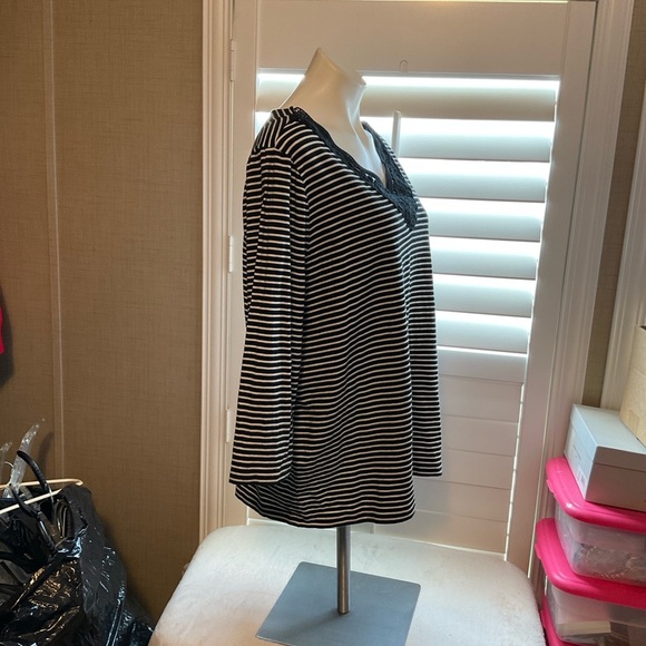 Chaps Black and White Striped Blouse with Lace Neckline - Picture 3 of 7
